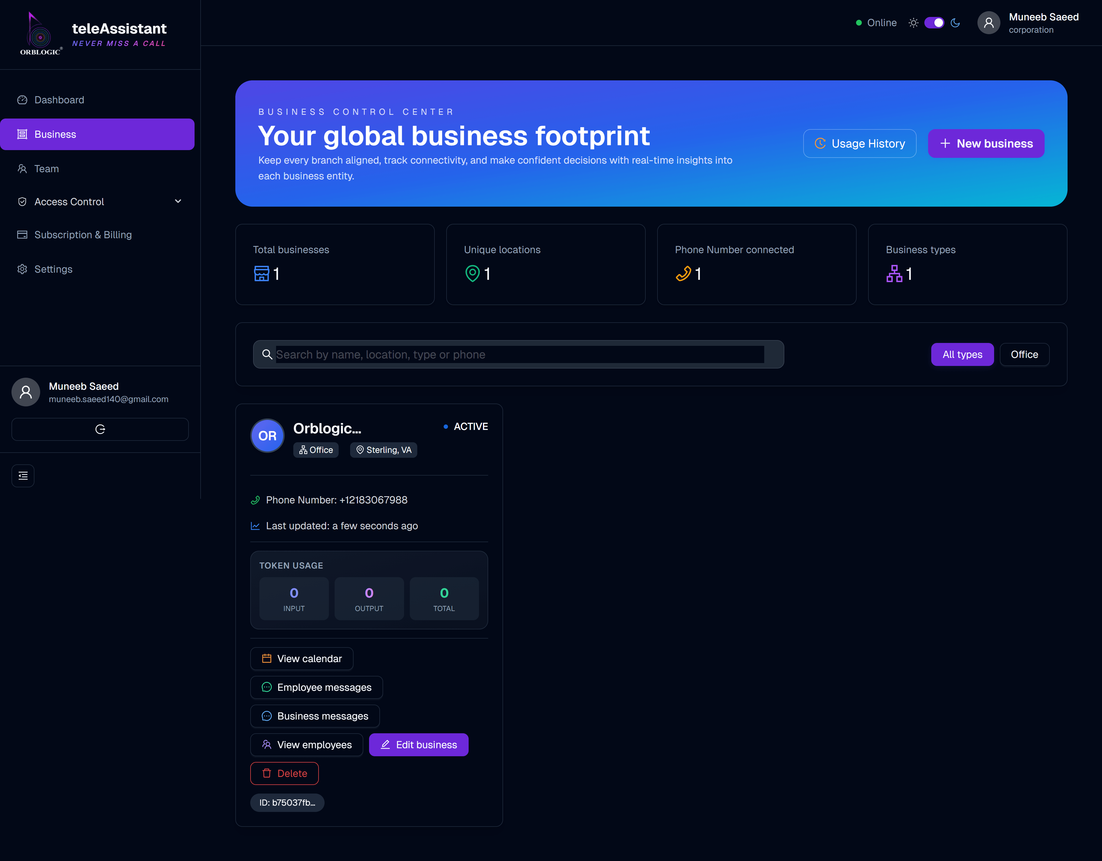 teleAssistant Dashboard — Business Control Center showing multiple business locations, token usage analytics, and employee management interface