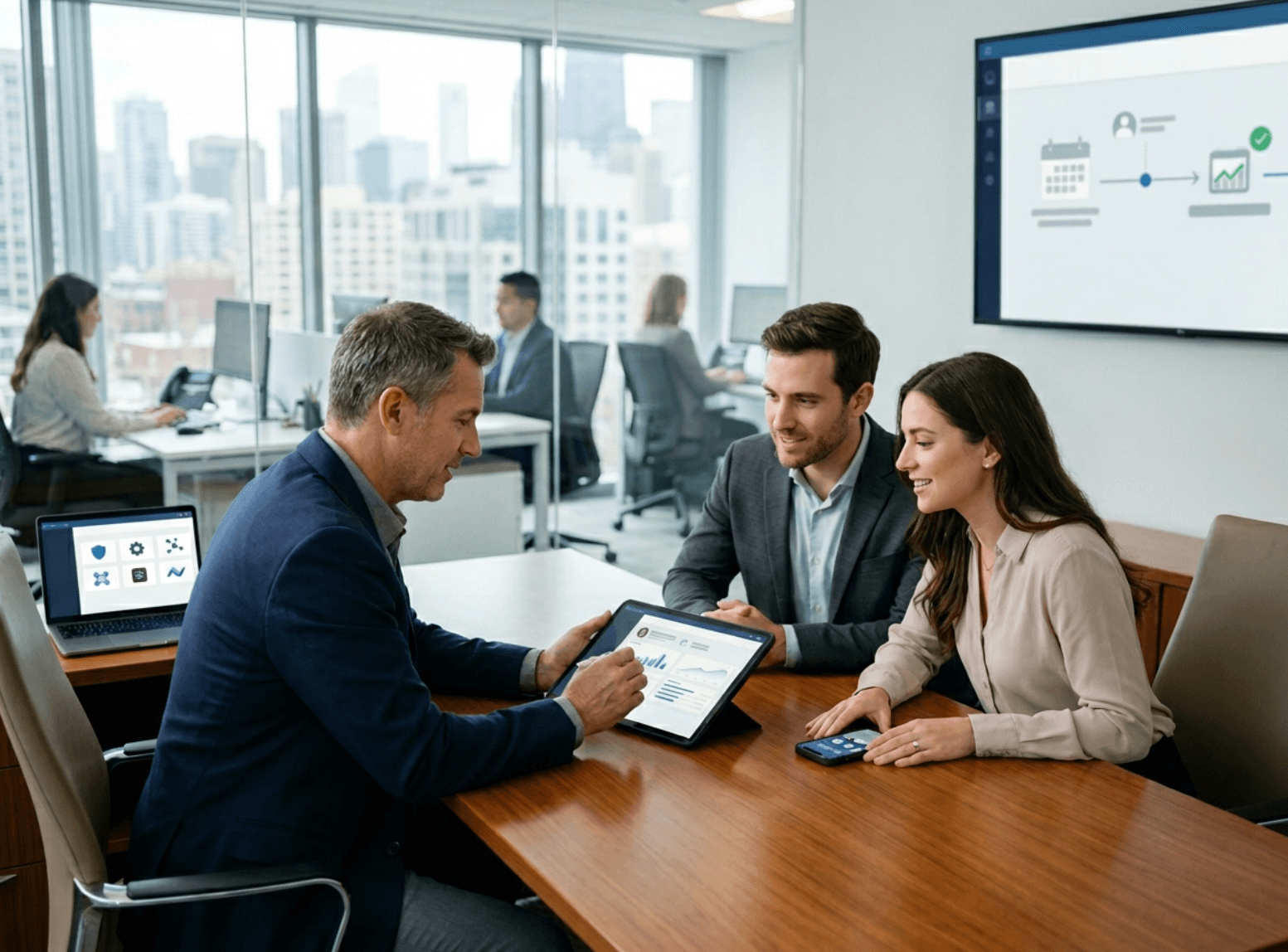 Wealthy client meeting with financial advisor reviewing investment portfolio