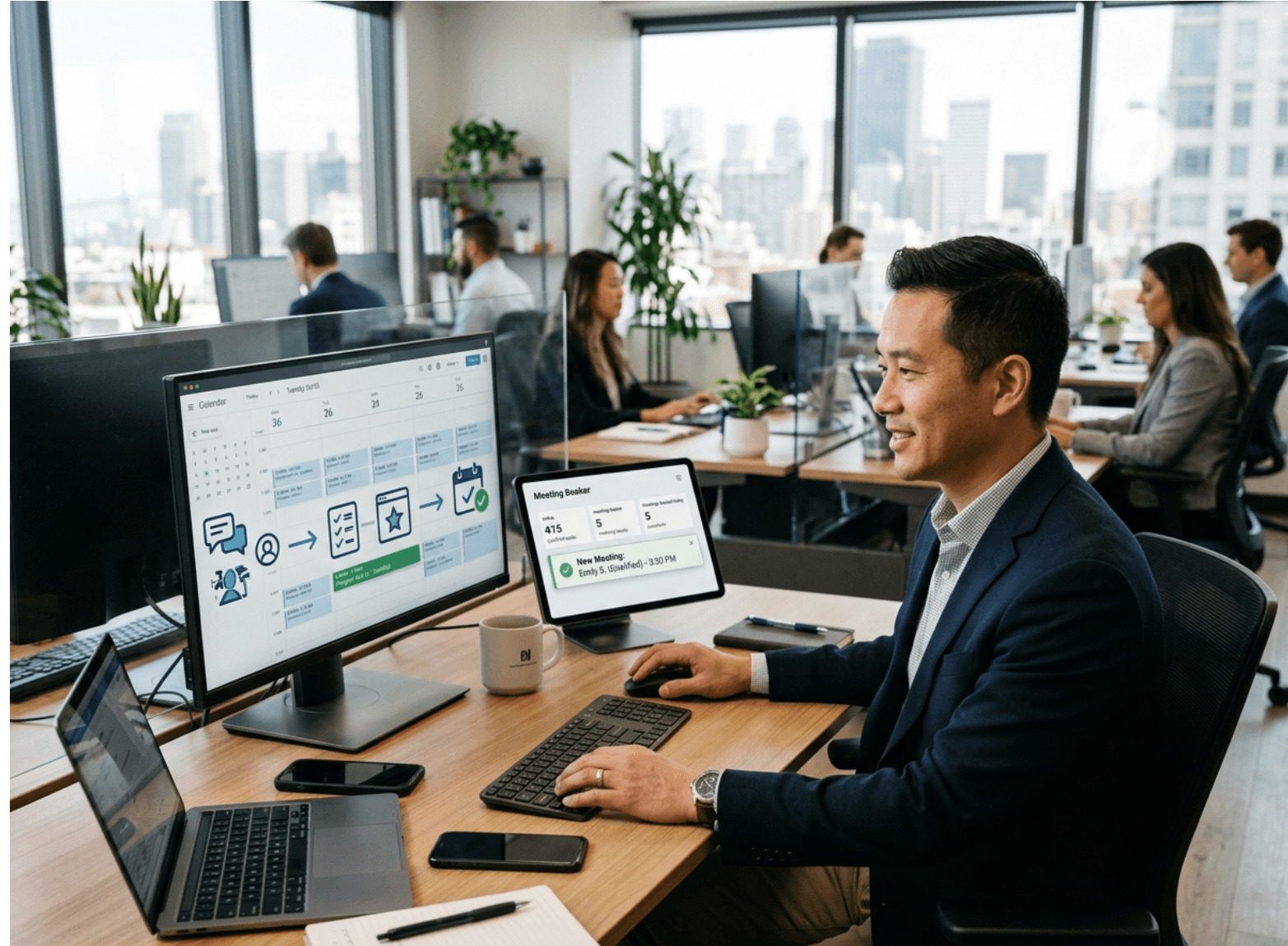 Financial services team using AI tools on laptops in modern office